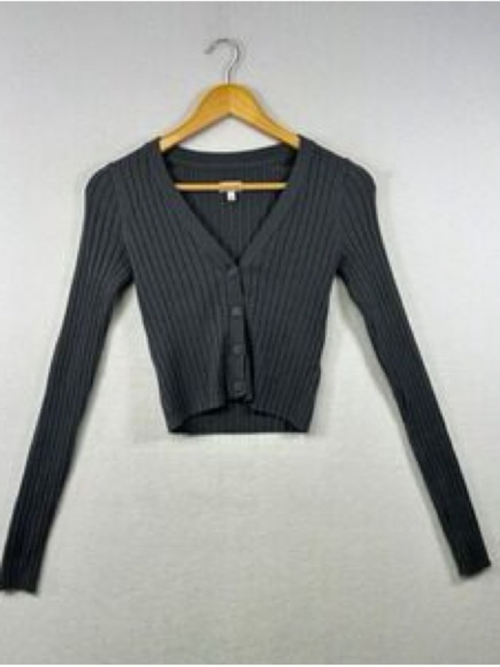 Women’s aerie Ribbed V-Neck Button Front Cropped Cardigan - Charcoal size M